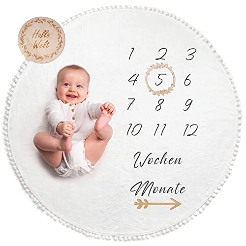 ODOXIA Baby Meilenstein Decke auf Deutsch | Runde Foto-Monatsdecke für Junge oder Mädchen, Unisex | Personalisiertes Geschenk zur Geburt für Mütter von Neugeborenen Babys | Mit Fotorahmen aus Holz von ODOXIA