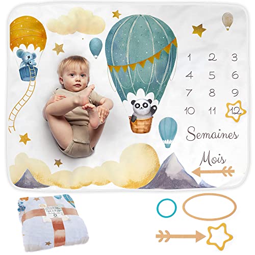 Baby Meilenstein Decke auf Französisch | Monatsdecke Baby Junge & Mädchen, Unisex | Motiv Luftballon | Personalisiertes Neugeborenen-Geschenk für Mütter | Babydecke | Meilensteindecke und Rahmen von ODOXIA