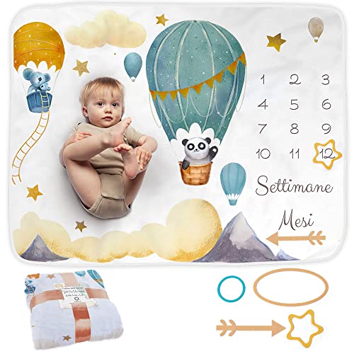 Baby Meilenstein Decke auf Italienisch | Monatsdecke Baby Junge & Mädchen, Unisex | Motiv Luftballon | Personalisiertes Neugeborenen-Geschenk für Mütter | Babydecke | Meilensteindecke und Rahmen Baby Meilenstein Decke auf Italienisch | Monatsdecke Baby Junge & Mädchen, Unisex | Motiv Luftballon | Personalisiertes Neugeborenen-Geschenk für Mütter | Babydecke | Meilensteindecke und Rahmen von ODOXIA