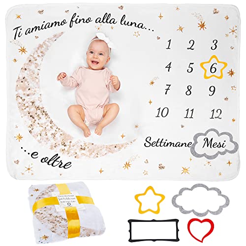 ODOXIA Baby Meilenstein Decke auf Italienische | Monatsdecke Baby Junge & Mädchen, Unisex | Mond & Sterne | Personalisiertes Neugeborenen-Geschenk für Mütter | Star IT | Meilensteindecke und Rahmen von ODOXIA