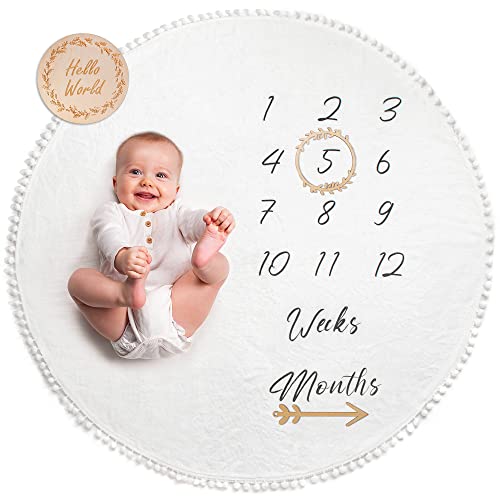 Baby Milestone Decke | Runde monatliche Fotomatte für Junge oder Mädchen, Unisex | geschlechtsneutral | personalisiertes Babypartygeschenk für Neue Mütter | Altersmatte | inkl. Holzrahmen von ODOXIA
