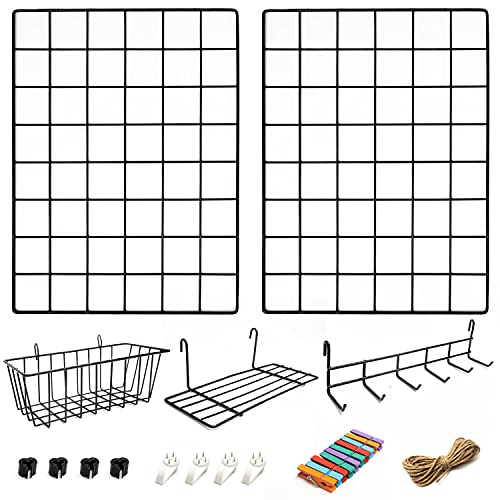 ODOXIA 2er-Pack Wandgitter mit Zubehör | Inklusive Hänge-Körb, Hänge-Regal & Haken-Gestell | Gitter Pinnwand | Deko für Heim, Büro & Küche zum Aufhängen | Fotowand | Metall & Schwarz von ODOXIA