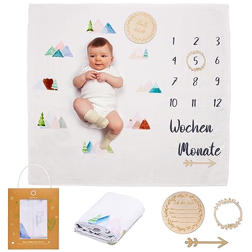 ODOXIA Baby Meilenstein Decke auf Deutsch | Baumwolle Musselin Tuch Baby | Pucktuch | Monatsdecke Baby Junge & Mädchen, Unisex | Bergen| Geschenk Für Mütter | Babydecke | Musselin Decke Baby von ODOXIA