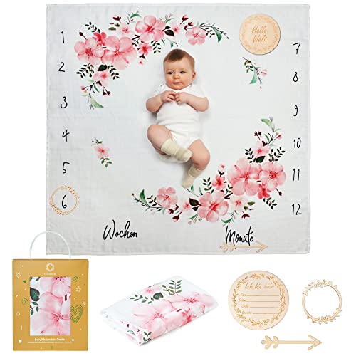 ODOXIA Baby Meilenstein Decke auf Deutsch | Baumwolle Musselin Tuch Baby | Pucktuch | Monatsdecke Baby Junge & Mädchen, Unisex | Blätter | Geschenk Für Mütter von ODOXIA