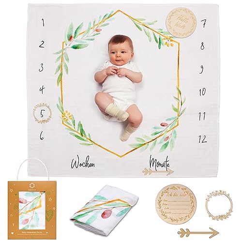 ODOXIA Baby Meilenstein Decke auf Deutsch | Baumwolle Musselin Tuch Baby | Pucktuch | Monatsdecke Baby Junge & Mädchen, Unisex | Blättern & Rahmen | Geschenk Für Mütter | Babydecke Muslin Floral DE von ODOXIA