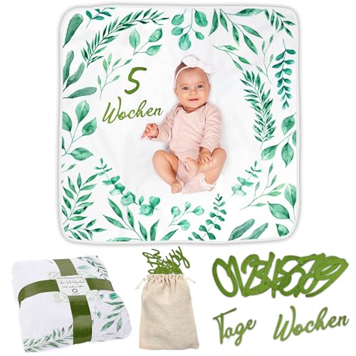 ODOXIA Baby Meilenstein Decke auf Deutsch DE | Monatliche Fotodecke Unisex | Thema Blätter | Personalisiertes Baby Shower Geschenk für Neue Mütter | Babydecke | Inklusive Rahmen von ODOXIA