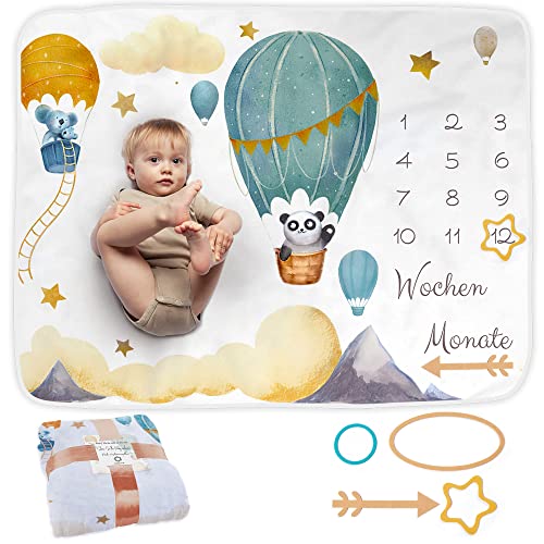 ODOXIA Meilenstein Decke auf Deutsch | Monatsdecke Baby Junge & Mädchen, Unisex | Motiv Luftballon | Personalisiertes Neugeborenen-Geschenk für Mütter | Babydecke | Meilensteindecke und Rahmen von ODOXIA