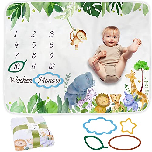 ODOXIA Baby Meilenstein Decke auf Deutsch | Monatsdecke Baby Junge & Mädchen, Unisex | Motiv Safari | Personalisiertes Neugeborenen-Geschenk für Mütter | Babydecke | Meilensteindecke und Rahmen von ODOXIA