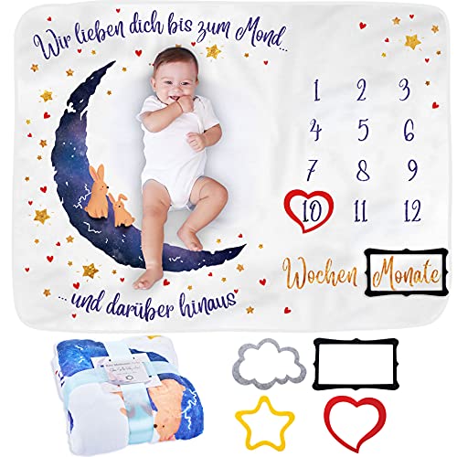 ODOXIA Baby Meilenstein Decke auf Deutsch | Monatsdecke Baby Junge & Mädchen, Unisex | Personalisiertes Party-Geschenk | Motiv Mond & Sterne | Weich | Babydecke | Monats-Decke Mit Rahmen von ODOXIA