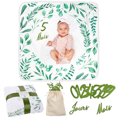 ODOXIA Baby Meilenstein Decke auf Französisch FR | Monatliche Fotodecke Unisex | Thema Blätter | Personalisiertes Baby Shower Geschenk für Neue Mütter | Babydecke | Inklusive Rahmen von ODOXIA