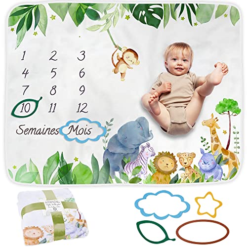 ODOXIA Baby Meilenstein Decke auf Französisch | Monatsdecke Baby Junge & Mädchen, Unisex | Motiv Safari | Personalisiertes Neugeborenen-Geschenk für Mütter | Babydecke | Meilensteindecke und Rahmen von ODOXIA