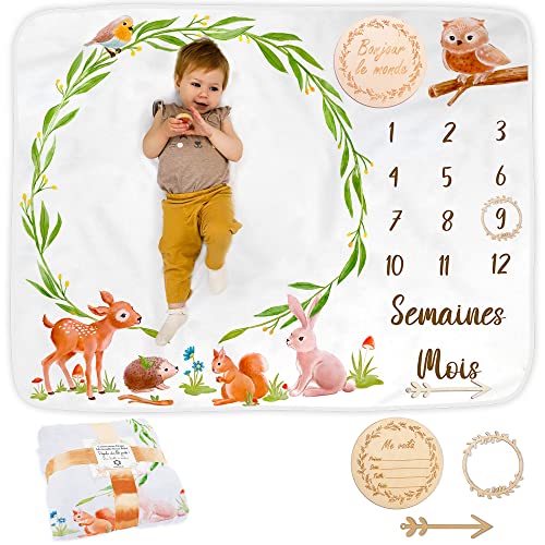 ODOXIA Baby Meilenstein Decke auf Französisch | Monatsdecke Baby Junge & Mädchen, Unisex | Motiv Wald & Forst | Personalisiertes Neugeborenen-Geschenk für Mütter | Babydecke | Mit Fotorahmen aus Holz von ODOXIA