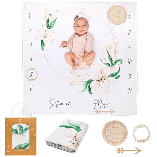 ODOXIA Baby Meilenstein Decke auf Italienisch IT | Baumwolle Musselin Tuch Baby | Pucktuch | Monatsdecke Baby Junge & Mädchen, Unisex | Blättern & Rahmen | Geschenk Für Mütter | Babydecke | Musselin von ODOXIA