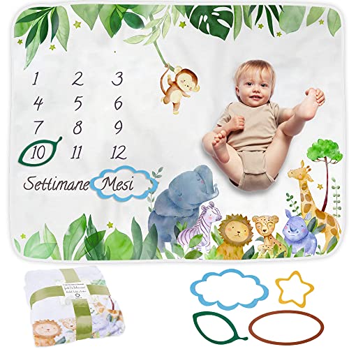 ODOXIA Baby Meilenstein Decke auf Italienisch | Monatsdecke Baby Junge & Mädchen, Unisex | Motiv Safari | Personalisiertes Neugeborenen-Geschenk für Mütter | Babydecke | Meilensteindecke und Rahmen von ODOXIA