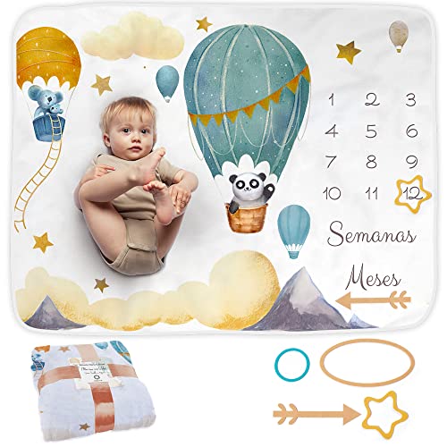ODOXIA Baby Meilenstein Decke auf Spanisch | Monatsdecke Baby Junge & Mädchen, Unisex | Motiv Luftballon | Personalisiertes Neugeborenen-Geschenk für Mütter | Babydecke | Meilensteindecke und Rahmen ODOXIA Baby Meilenstein Decke auf Spanisch | Monatsdecke Baby Junge & Mädchen, Unisex | Motiv Luftballon | Personalisiertes Neugeborenen-Geschenk für Mütter | Babydecke | Meilensteindecke und Rahmen von ODOXIA