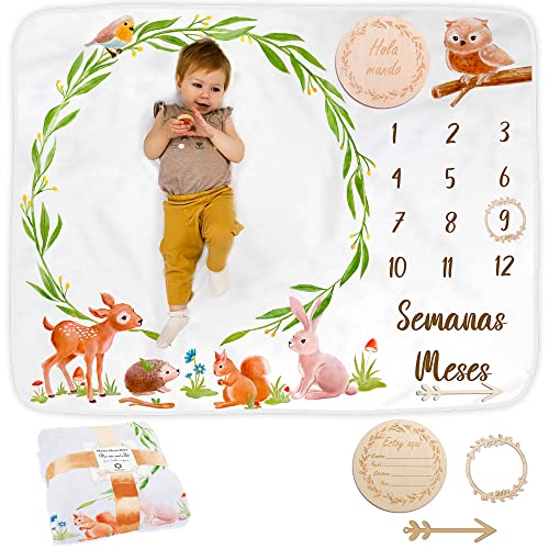 ODOXIA Baby Meilenstein Decke auf Spanisch | Monatsdecke Baby Junge & Mädchen, Unisex | Motiv Wald & Forst | Personalisiertes Neugeborenen-Geschenk für Mütter | Babydecke | Mit Fotorahmen aus Holz von ODOXIA