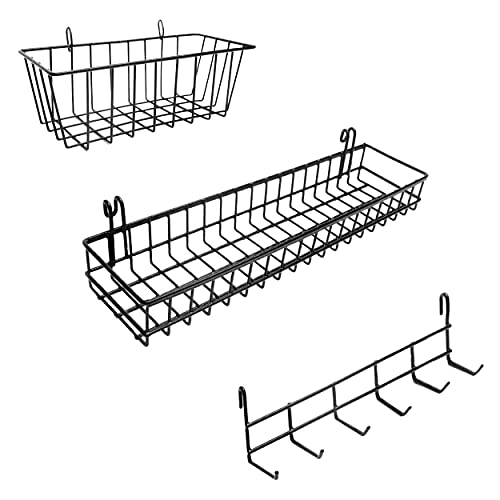 ODOXIA Hänge-Körbe & Haken-Gestell | Wandgitter Zubehör für Gitterwand-Feld | Wandgitter-Accessoires | Draht Wand-Körbe & Hänge-Haken | Gitter-Wand-Stauraum | Werkzeug-Wand Körbe & Schlüssel-Halter von ODOXIA