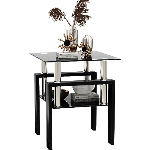 ODUSE-DAILY Beistelltische aus schwarzem Glas, kleiner Beistelltisch mit Glasplatte, schwarzer Beistelltisch, quadratische Form, Tischplatte aus gehärtetem Glas, Metallrahmen, für Wohnzimmer von ODUSE-DAILY