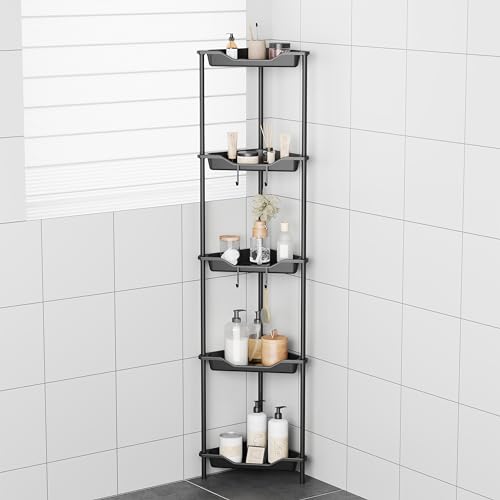 ODesign Eckregal mit 5 Etagen, bodenstehend, Eckregal aus Kunststoff, Metall, für Badezimmer, schwarz, rostfrei von ODesign