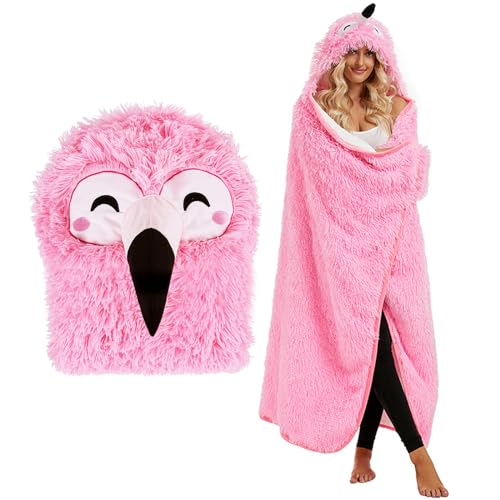 OEAK Faultier Kuscheldecke Geschenk für Frauen Tragbare Decke zum Anziehen mit Kapuze und Handschuhen Superweicher Sofa Kuscheldecke Wohndecke Flanell Fleecedecke(Rosa Flamingo，Einheitsgröße) von OEAK