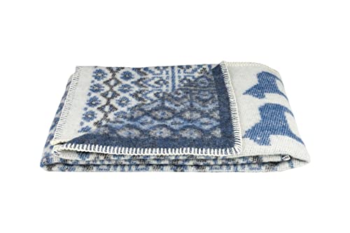 ÖJBRO VANTFABRIK "Dalarna Blå gewebte Wolldecke 90x130 cm Natur/blau/schwarz 100% Merinowolle Strick-Plaid Tagesdecke Schossdecke Quilt warm weich - Hergestellt in Schweden von ÖJBRO VANTFABRIK