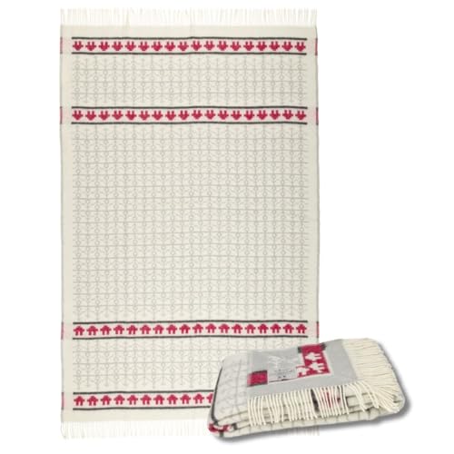 ÖJBRO VANTFABRIK "Ekshärad Kalk gewebte Wolldecke mit Fransen 130x200 cm Natur/grau/rot 100% Schafwolle Strick-Plaid Tagesdecke Quilt warm weich - Hergestellt in Schweden von ÖJBRO VANTFABRIK