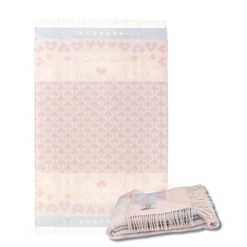 ÖJBRO VANTFABRIK "Fästfolk Elsie & Erik gewebte Wolldecke mit Fransen 130x200 cm rosa/blau 100% SchafwolleStrick-Plaid Tagesdecke Quilt warm weich - Hergestellt in Schweden von ÖJBRO VANTFABRIK