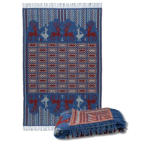 ÖJBRO VANTFABRIK "Scania Märta gewebte Wolldecke mit Fransen 130x200 cm blau/rot 100% Schafwolle Strick-PlaidTagesdecke Quilt warm weich - Hergestellt in Schweden von ÖJBRO VANTFABRIK