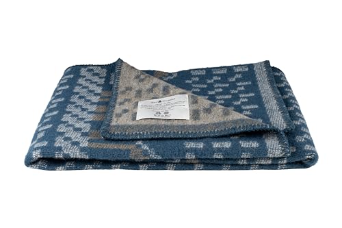 ÖJBRO VANTFABRIK "Skaftö Marin gewebte Wolldecke 90x130 cm blau/beige 100% Merinowolle Strick-Plaid Tagesdecke Schossdecke Quilt warm weich - Hergestellt in Schweden von ÖJBRO VANTFABRIK