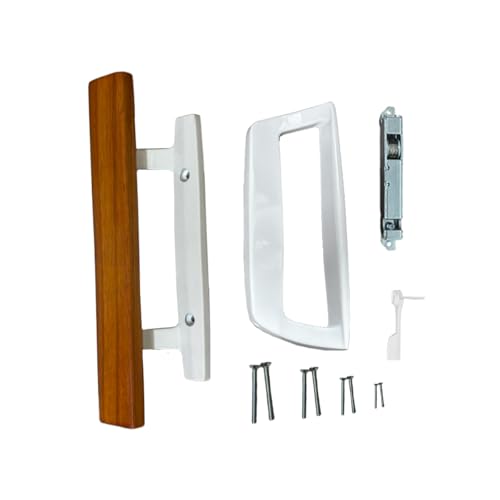 OEJHRCN Wendbares Schiebetürgriff-Set aus Glas mit Eichenholz-Innengriff und Zink-Exteior-Zug, passend für Schraubenlochabstand von 8,4 cm, Weiß + einzelnes Einsteckschloss 45°-Keilnut von OEJHRCN