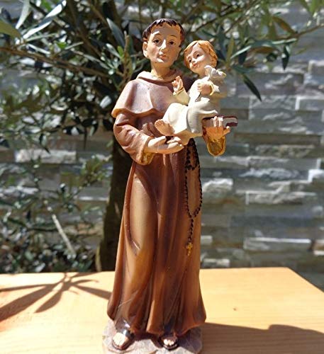 Kleine ÖLBAUM - Heiligenfigur Heiliger Antonius von Padua, mit Kind / Jesuskind und Buch / Bibel zur Verkündigung des Evangeliums, hilft verlorene Dinge wieder zu finden, aber auch für Singles die die große Liebe suchen - alle ÖLBAUM HEILIGEN- und Krippenfiguren zeichnen sich durch extrem sauber gearbeitete und präzise Gesichtszüge der Figuren aus, massive, langlebige colorierte Holzfiguren- bzw. Echtholzimitate und standfest, liebevoll handbemalt von ÖLBAUM