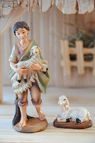 Krippenfigur Schäfer/ Hirte Hirtenjunge mit Schäfchen + 1 Schaf extra, für Krippenfiguren bis ca. 15 cm, hochwertige Ausführung mit liebevoller Mimik, Krippenfigur,Krippenzubehör Tiere Krippendeko von ölbaum