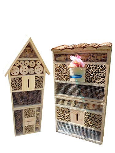 ÖLBAUM 2 x XXL insektenhotels, Spitzdach groß + Flachdach hohe Form Bienenhaus mit 2X Standfuß UND TRÄNKE insektenhotel NEU Holz Nistkasten, Natur-HOLZFARBEN von ÖLBAUM
