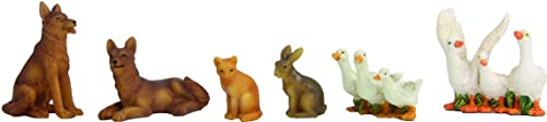 ÖLBAUM 6 x Mini-Dekofiguren mit 2 Hunden, Katze, Hase, Enten und Gänse im Set, MINIFIGUREN braun-grau-Mehrfarbig, Größe max. 3 cm, Weihnachtskrippe - für 5-10 cm Figuren von ÖLBAUM