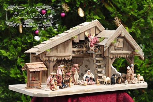 ÖLBAUM-Krippe KS70gg-MFTO-TDK-T2L 70cm Weihnachtskrippe, mit großem Deko-Set TDK für Textilfiguren/Ankleidefiguren aus Harzstein, Massivholz GEBEIZT - mit Premium-Krippenfiguren + Textile, von ÖLBAUM