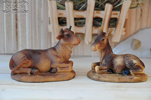ölbaum Krippenfiguren - Ochs und Esel - Paar liegend für 10 cm Figuren hochwertige Mimik, niedlich - naturgetreue, hochwertige Deko-Tiere für Krippen und Stall von ölbaum