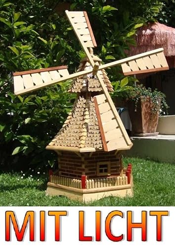 Premium 100 cm Garten-Windmühle, Windmühlen, mit Holzschindel - Dach, imprägniert + kugelgelagert 1 m groß in Natur, geflammt gebrannt hell + klar lackiert MIT Solar,Beleuchtung, HOLZSCHINDEL aus Ma von ÖLBAUM