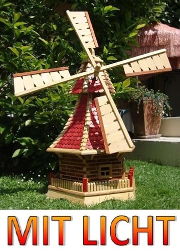XL Premium-Solar-Windmühle Holzwindmühle, Windmühlen Garten, imprägniert + kugelgelagert 1 m groß rot lasiert hell weinrot + Natur MIT SOLARBELEUCHTUNG von Ölbaum