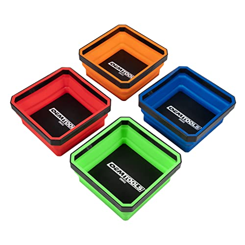 OEMTOOLS 26052 Magnetische Faltbare Tablett, 4 Pack Faltbare Schüssel Set für Kleinteile und Werkzeuge, Silikon Rot, Blau, Orange, Grün Werkzeugablage von OEMTOOLS