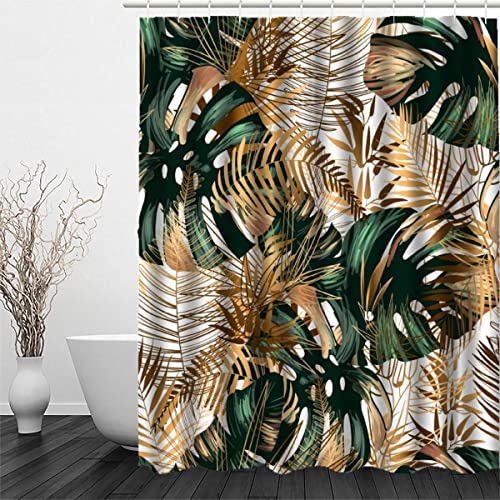 OENISE Tropische Blätter 180 x 200 cm Anti-Schimmel Duschvorhang Gold Grün Polyester Stoff Wasserdicht Duschvorhänge Waschbar Badewanne Shower Curtains Anti-Bakteriell mit 12 Haken Badvorhang von OENISE