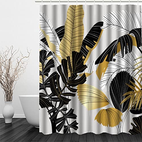 Tropische Pflanzen Anti-Schimmel Duschvorhang 240x200 Gold Schwarz Wasserdicht Polyester Stoff Shower Curtains für Dusche Badewanne Duschvorhänge mit 12 Duschvorhang Ringe Badezimmer Badvorhang von OENISE