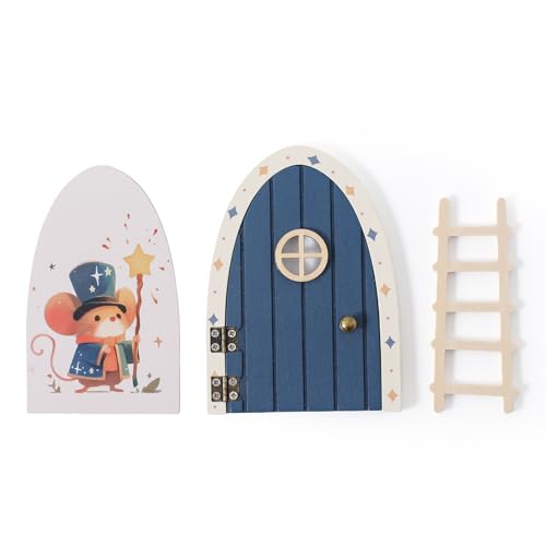 OESSUF Holz Cartoon Elf Tür, Mini Leiter Dekoration Märchen Tür Dekoration, Bunte Liebe Elf Tür Home Dekoration, Memorial Foto Requisite, Weihnachten Halloween Geburtstag Geschenk(Blau) von OESSUF