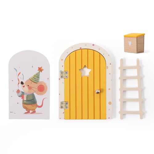 OESSUF Wichteltür Set mit Leiter Gelb, Holz Öffnungsbar Zahnfee Tür Wichteltür Zubehör,Miniatur Elfenmaus Feentüren Handgefertigt Kinderzimmer Dekoration Schreibtisch Fee Tür für das Klassenzimmer OESSUF Wichteltür Set mit Leiter Gelb, Holz Öffnungsbar Zahnfee Tür Wichteltür Zubehör,Miniatur Elfenmaus Feentüren Handgefertigt Kinderzimmer Dekoration Schreibtisch Fee Tür für das Klassenzimmer von OESSUF