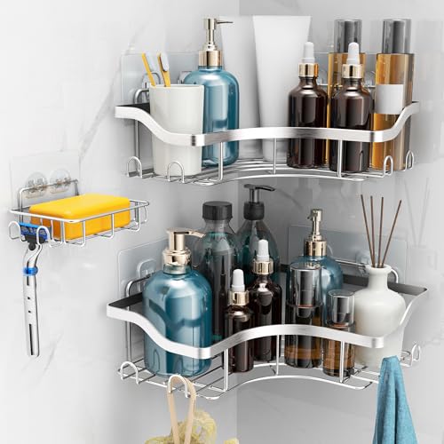 OETAMS Duschablage Ohne Bohren Badezimmer Organizer, 3 Stück Rostfreie Duschregal Ecke Mit Haken Seifenschale, Korrosionsschutz Badregal Duschkorb ohne Bohren Großer Shampoo Halterung, Silber von OETAMS