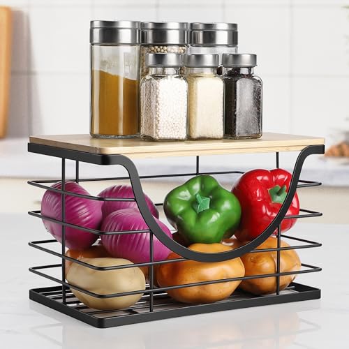 OETAMS Obstkorb Etagere mit Holzdeckel, Stapelbar Obst Aufbewahrung Hängend Küchenregal Ohne Bohren Gemüsekorb, Selbstklebend Obstkorb Wand Müllbeutelhalter von OETAMS