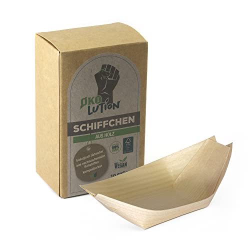 Ökolution Holzschiffchen aus Kiefernholz natur, 10 Stück, ca. 10 x 5 cm, für kalte und warme Speisen, aus nachhaltigem FSC-Holz, umweltfreundliche Verpackung von Ökolution