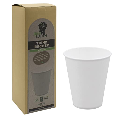 Ökolution Pappbecher weiß 25 Stück, ca. 250 ml Inhalt, für kalte und heiße Getränke, NEU: ohne Beschichtung aus Kunststoff oder Bio-Kunststoff, stabil, aus nachhaltigem FSC-Karton von Ökolution