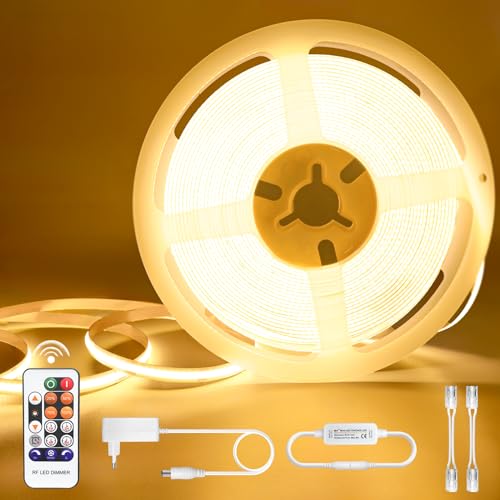 COB LED Streifen 10M, LED Strip Warmweiss Dimmbar 24V, Wasserdicht IP44, Lichtleiste Led Selbstklebend mit Fernbedienung & Netzteil, Lichtband LED Band 10M für TV Küche Wohnzimmer DIY Dekoration 3000K von Öuesen