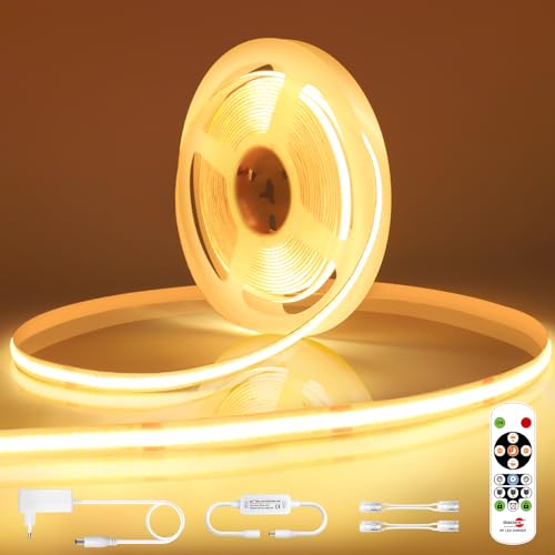 COB LED Streifen 5M Warmweiss, LED Strip 24v Dimmbar 3000K, Lichtband LED Selbstklebend IP44 Wasserdicht LED Band 5M mit Fernbedienung und Netzteil, Schneidbar Lichtleiste für TV Küche Zimmer Schrank von Öuesen