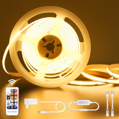 COB LED Streifen 5M Warmweiss, LED Strip Dimmbar 24V 3000K, IP44 Wasserdicht Lichtband Led Selbstklebend mit Fernbedienung und Netzteil, Timerfunktion Lichtleiste, LED Band für TV Küche Wohnzimmer DIY von Öuesen